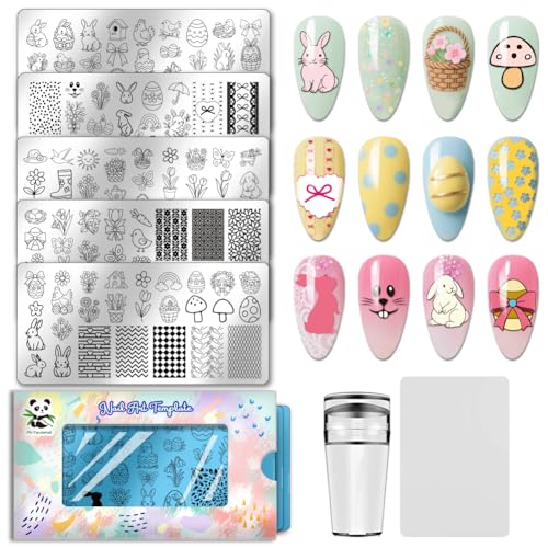 PH PandaHall 5pcs Easter Nail Stamp Plate Cute Bunny Chick Nail Art Template Easter Eggs Nails Image Plates Mushroom Spring Manicures Art Template for Women Holiday Manicure DIY Designs Decorations