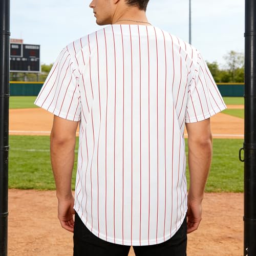 Camiseta de béisbol blanca a rayas rojas, abotonada, manga corta, para deportes y uso casual miniatura 2