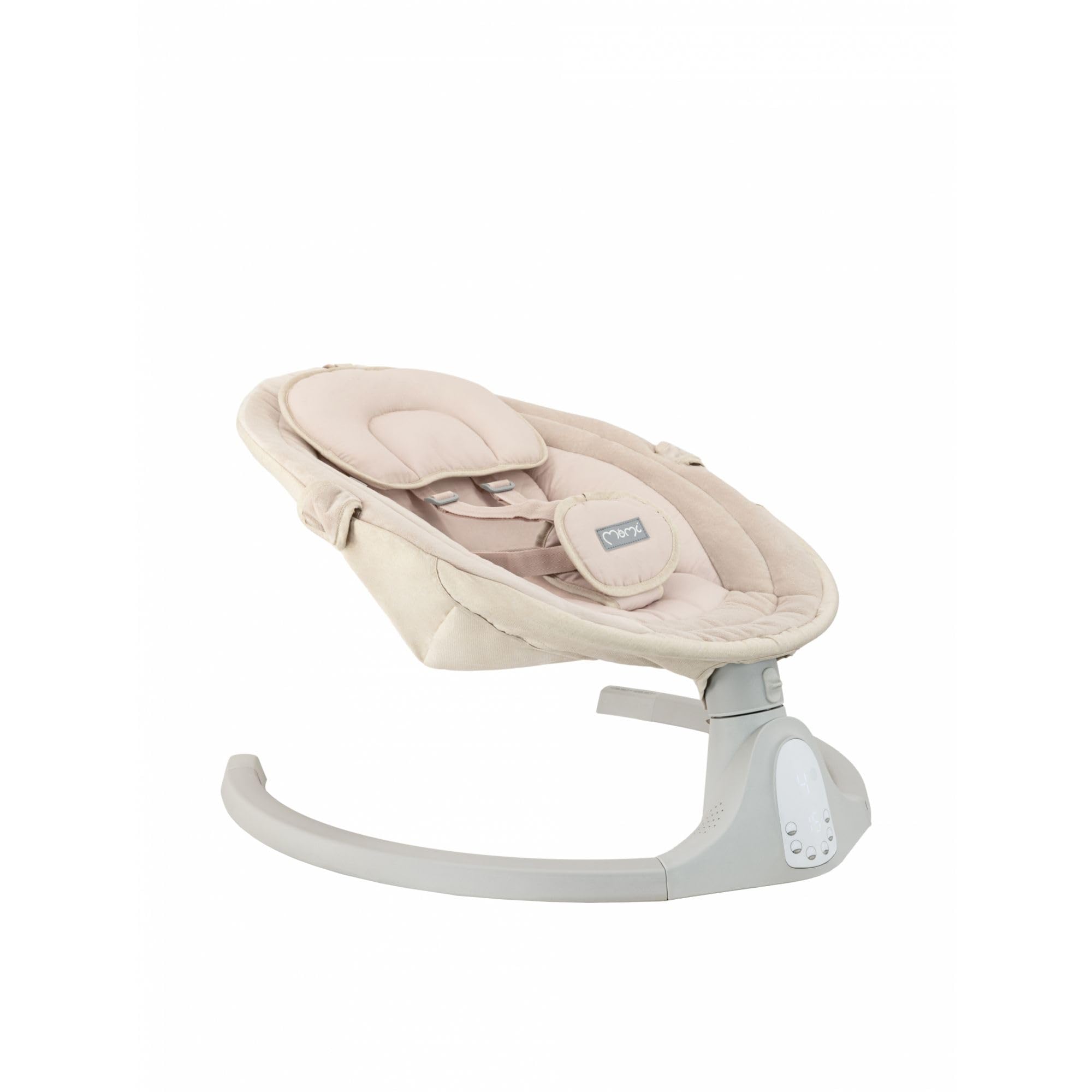 MoMi KENANI SAND Huśtawka do 9 kg, wyświetlacz LED, pilot zdalnego sterowania, Bluetooth do smartfona, zasilanie bateryjne/sieciowe, 5-punktowe szelki bezpieczeństwa, łuk i zabawki