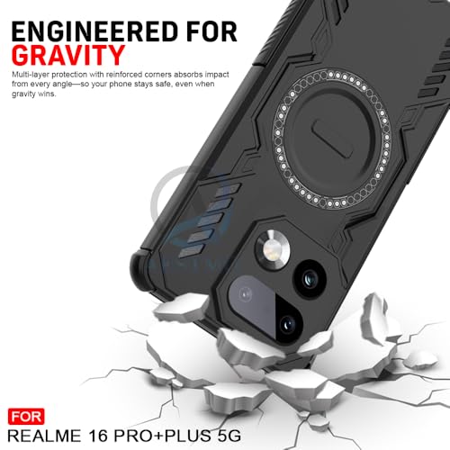 Image of AESTMO Back Case Cover for Realme 16 Pro Plus 5G | Magnetic Case with Built-in Metal Ring | Compatible with MagSafe Accessories | Shockproof Hybrid (PC + TPU, Black)
