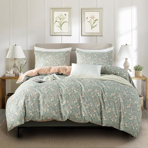 TISPLR Floral Queen Comforter Set 3 Pieces Soft Cotton Chic Garden Style Floral Print Lightweight Vintage Botanical Flowers Comforter Set for All Seas