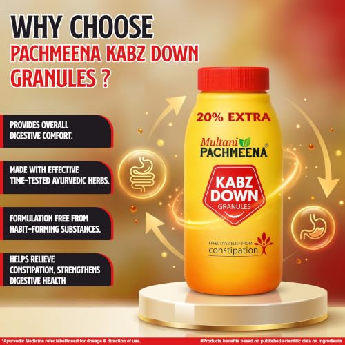 Image of Multani Pachmeena Kabz Down Granules | Ayurvedic Constipation Relief Medicine | For Digestive Issue, Stomach-Ache & Flatulence | Acidity, Gas & Bloating | Promotes Healthy Bowel Movement | 120 Gm