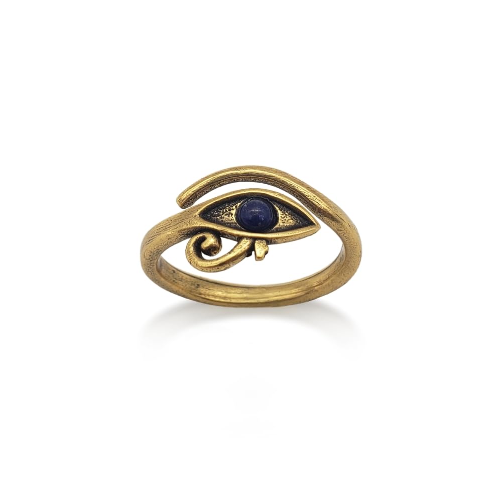 MUSEUM REPRODUCTIONSEgyptian Eye of Horus Ring with Lapis - Adjustable - Antique Gold Plated