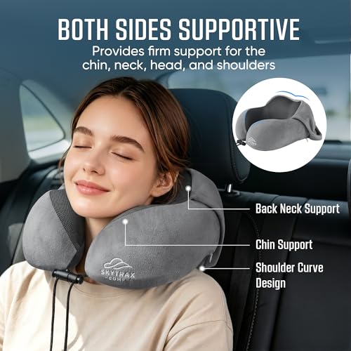 Image of SkytraxComf Travel Neck Pillow with Hood for Privacy on Long Flights | Memory Foam | Airplane Sleep | Safety-Tested Materials | Extra Large Hood | Chin Support | Earplugs | Washable Cover