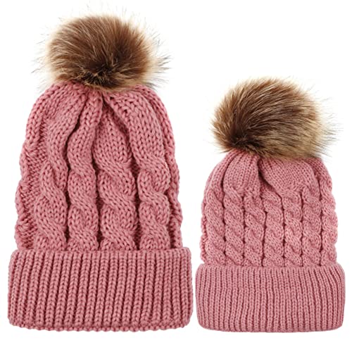 Image of 2PCS Parent-Child Hat,Mother & Daughter/Son Winter Warm Knit Hat Family Crochet Beanie Ski Cap(Pink)