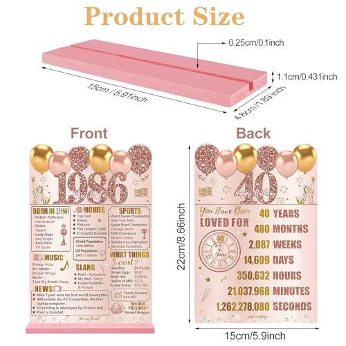Image of Guiruiy Pink Rose Gold 40th Birthday Decorations for Women, Two-Sided Vintage 40 Back in 1986 Theme Poster Wooden Table Sign with Stand, Forty Years Old Bday Centerpieces Holder for Table Decor