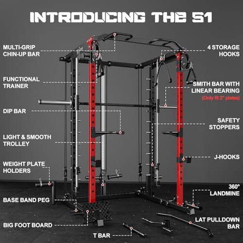 S1-V4 Smith Machine, 2000LBS Power Cage with Cable Crossover System, All-in-One Squat Rack with Smith Bar, Strength Training Equipment for Home Gym - Image 4