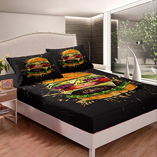 Parure de lit en microfibre douce pour enfants et adolescents avec poche profonde Motif hamburger Motif succulente Burger (1 drap-housse + 2 taies d'oreiller)...