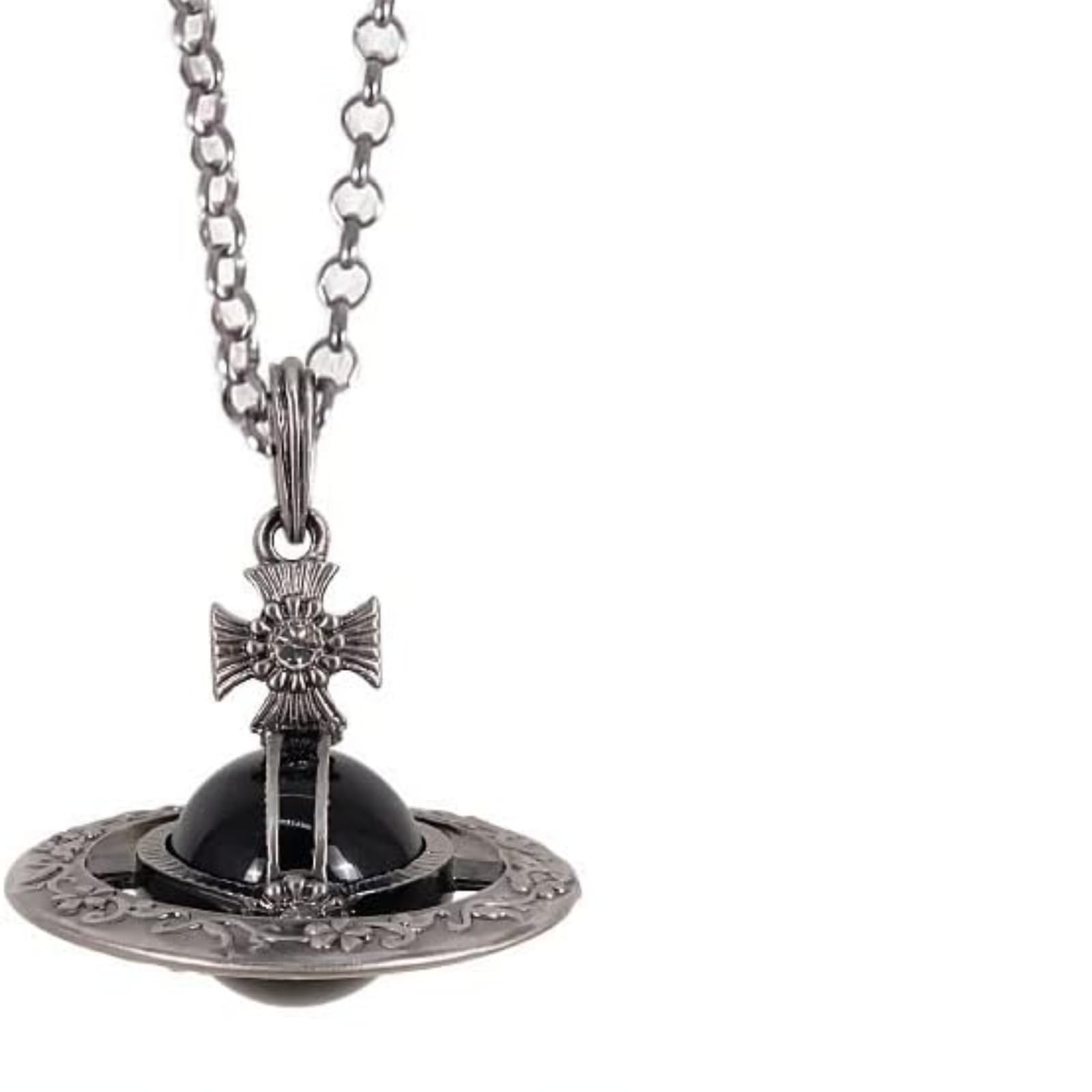 Titanium Steel Saturn Necklace Punk Vintage Carved Cool Obsidian Planet Pendant Jewelry Statement Fashion Accessories