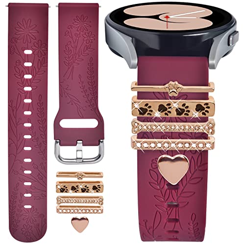 ORATYFAN Bands for Samsung Galaxy Watch 4 & 5 Band with Charms, 20mm Women Floral Engraved Silicone Strap with Decorative Ring Loops for Watch 5 Pro/Watch 4 Classic 46mm 42mm/Watch 3 41mm/Active 2(Burgundy)