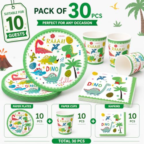 Image of Rozi Decoration Dinosaur Party Set 30Pcs Plates Glasses Napkins Cute Design