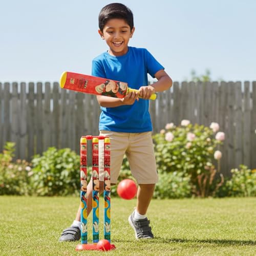 Image of Amazon Brand Jam & Honey Mickey Mouse Cricket Set for Kids, BIS Safe for Kids, Complete Cricket Kit with Bat Ball Stumps Bails and Holder, Indoor Outdoor Sports Toy for Kids Age 3+ Years
