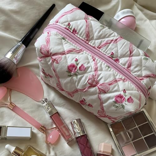 Trnerm Small Makeup Bag Quilted Cosmetic Bag Coquette Makeup Pouch Makeup Organizer Pink Ribbons Small Travel Makeup Bag Travel Toiletry Bag for Women Girls3