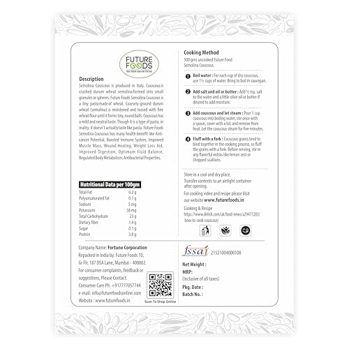 Image of Future Foods Semolina Couscous 450g (Pack of 2) | Mild and Neutral Taste | Light and Fluffy Texture | Good Fiber Source | with Multiple Health Benefits | Helps Lower Cholesterol
