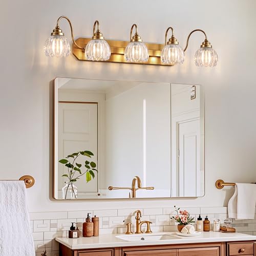 Image of Vintage Gold Bathroom Light Fixtures,5 Light Tulip Crystal | Brushed Gold Vanity Lights,Matte Antique Brass Finish, Mid Century Style, Wall Sconces for Bedroom, Easy to Install