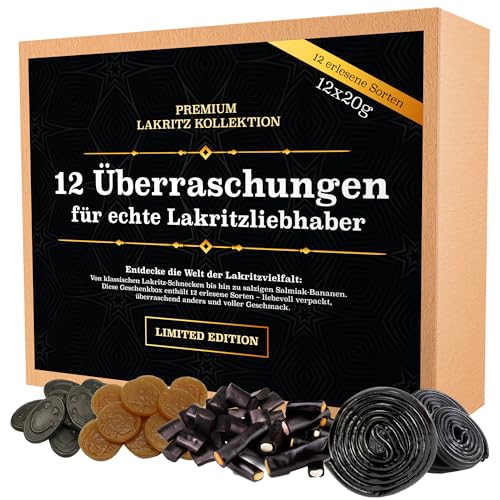 MeerBach & Rose Lakritz Geschenk-Set 12 Lakritzsorten à 20g im Set 240g, Premium Lakritzbox mit süßen und salzigen Sorten, vielfältige Lakritzmischung für Lakritzliebhaber
