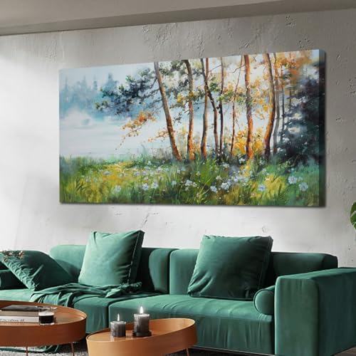 Ardemy Tree Wall Art Landscape Textured Green Forest Painting Flower Canvas Nature Picture Teal Scenery Artwork Framed for Living Room Bedroom Bathroom Kitchen Home Office Wall Decor, Large 40