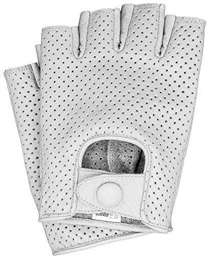 Riparo Mens Leather Full Mesh Fingerless Half-Finger Driving Motorcycle Riding Gloves (White, Medium)