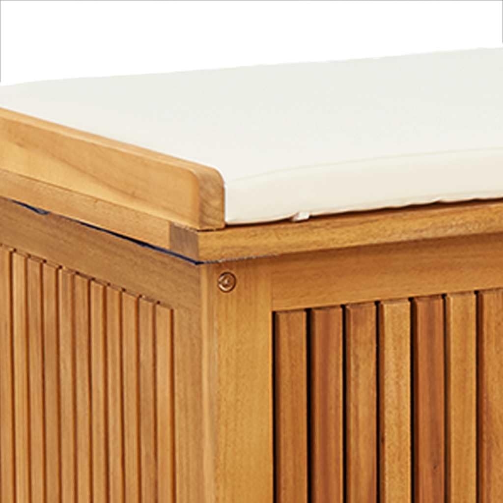 Scatola per cuscini esterni in acacia massiccia, 113 x 50 x 60,5 cm | Stoccaggio da giardino, borsa impermeabile integrata, doghe aperte, coperchio antipolvere