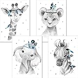 LALELU-Prints | A3 Poster Kinderzimmer Deko Junge | Zauberhafte Indianer-Tiere Boho Feder blau | Bilder Babyzimmer | 4er Set Kinderzimmerbilder (DIN A3 ohne Rahmen)