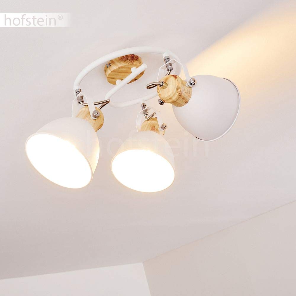 Plafoniera Banjul, plafoniera rotonda in metallo con ottica bianca/legno, a 3 luci, con faretti regolabili, 3 x attacco E27, spirale in design retrò/vintage, senza lampadina/e