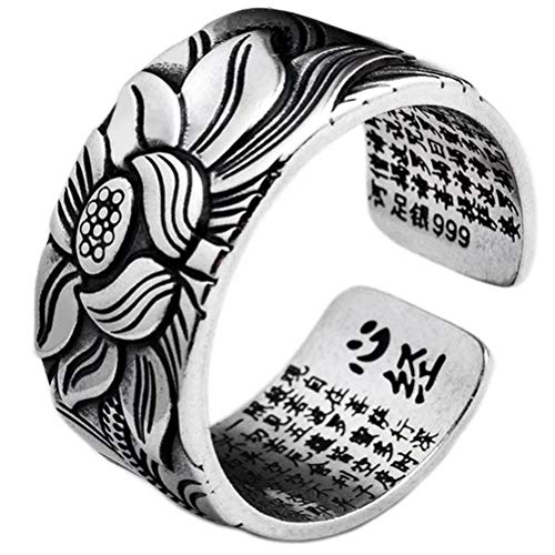 TBEONE Anillo de Plata Maciza 999, Loto Abierto Ajustable, Sutra de Corazón Budista, Tallado para Hombres y Mujeres, Regalo de Joyería Retro