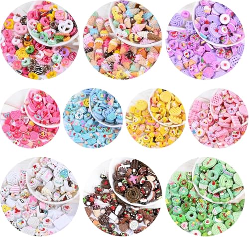 100Pcs Assorted Slime Charms Cute Candy Sweet Fruits Donut Charms Ornaments Flatback Resin Cabochons for Craft Making DIY Crafts Beads Making Supplies