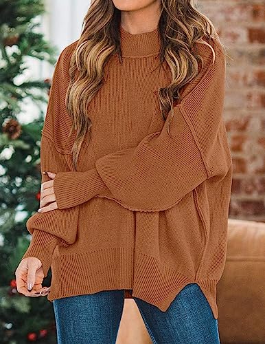 Zesica Women's 2023 Fall Casual Long Sleeve Crew Neck Side Slit Oversized Ribbed Knit Pullover Sweater Tops,Caramel,Medium #TOP2