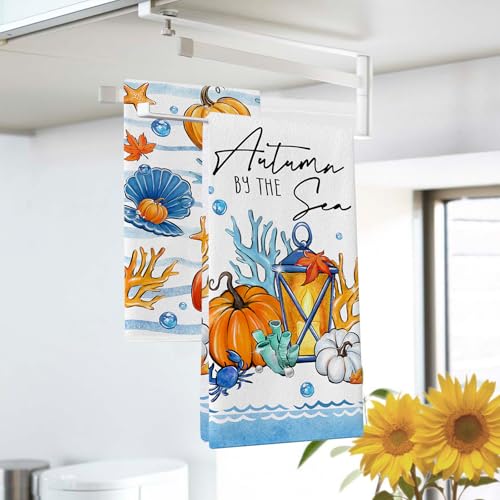 Croar CRO-164-KT Fall Pumpkin Kitchen Dish Towels Set Of 2, Autumn By The Sea Lantern Coastal Drying Hand Towels Baking Cooking Cloth, Beach Nautical Shell Coral Starfish Home Kitchen Decoration 18 X 26 Inch thumb #2