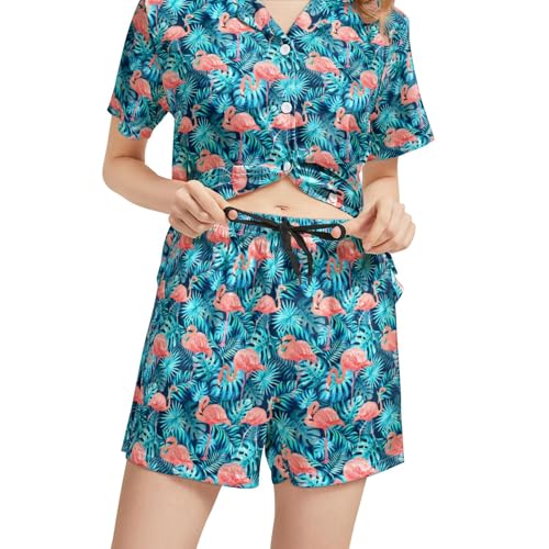 Image of Funny Satin Pajamas Set for Women Button Down Sleepwear Print Pjs Set 2 Piece Short Sleeve Loungewear Gift for Women