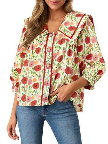 Women's 2025 Fashion Tops 100% Cotton Button Down Shirts V Neck 3/4 Length Sleeve Floral Peter Pan Collar Blouses