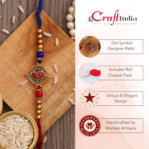 Image of eCraftIndia Red & Blue Om Symbol On A Leaf Designer Rakhi, Best Bro Ever Fridge Magnet with Roli Chawal Pack - Rakhi for Brother, Bhaiya, Bhai