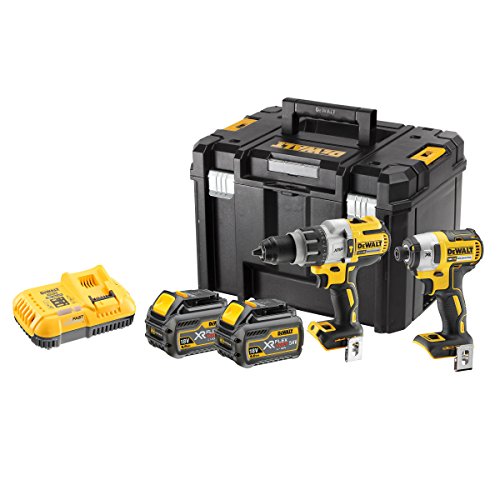 DEWALT DCK276T2T-GB Combi Drill and Impact Driver XR 18V Brushless Kit (2 x FLEXVOLT 6.0Ah Batteries) in T-STAK Box, 18 V, Yellow/Black
