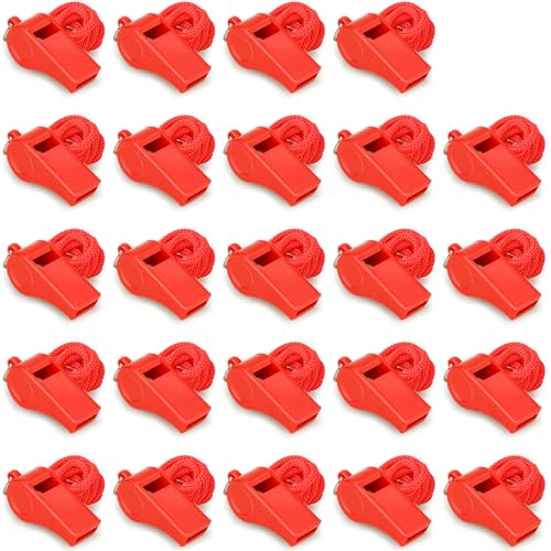 Hipat Red Emergency Whistles with Lanyard, Loud Crisp Sound Plastic Whistles Bulk Ideal for Outdoor Sport?Lifesaving?and Officials