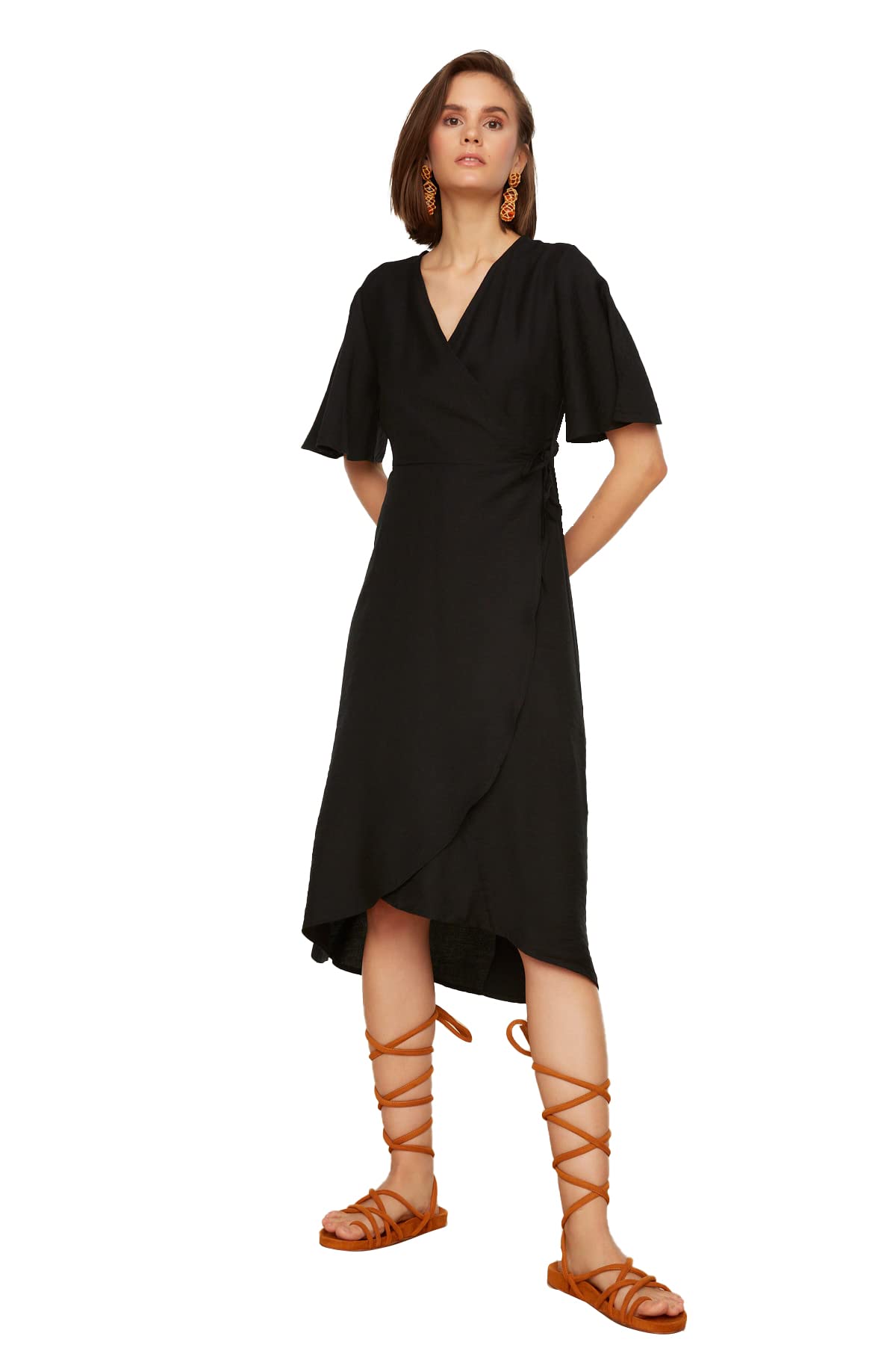 Trendyol Women Midi Wrapover Regular Woven Dress Black