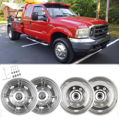 Image of 4pcs 19.5inch Polished Stainless Steel Dually Wheel Simulators, Nice Looking Bolt On Wheel Cover, 8 Lug Hubcaps fit for 1999-2004 Ford F450 F550 with Installation Tools