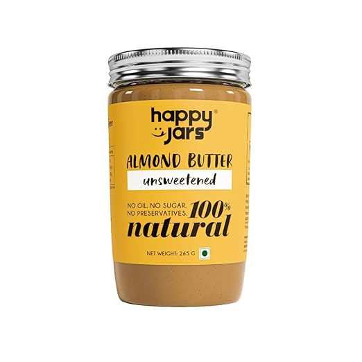 Happy Jars Unsweetened Almond Butter (265g) | High Protein | Pure Almonds | Suitable for babies | Vegan | Keto | Natural Ingredients