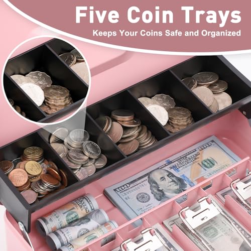 Image of KYODOLED Locking Cash Box with Lock, Money Box with Cash Tray,Lock Safe Box with Key, Money Saving Organizer, 11.81Lx 9.45Wx 3.54H Inches, Pink XL Large