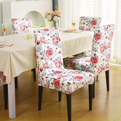 Image of HOKIPO Premium Printed Velvet Chair Cover Set of 2 for Dining Table, Red Cottage Rose (AR-5794-D6*2)