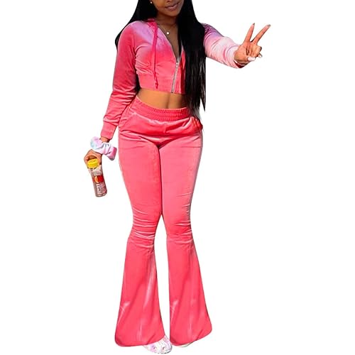 Women's Long Sleeve Zipper Hoodie Cropped Jacket and Sweatpants Y2K 2 Piece Velour Tracksuit Set