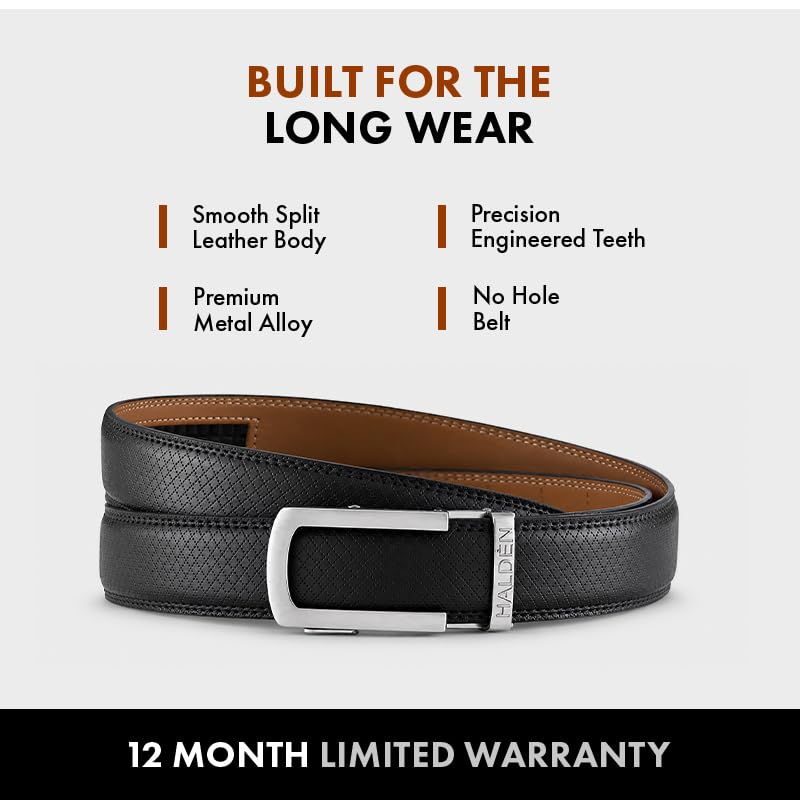 Image of HALDEN THEO Belt For Men Leather Original (Adjustable Fits Up to 44 Inch Waist) Ratchet Straps, Unique Magnetic Auto-lock Buckle Adjustable Belt For Men