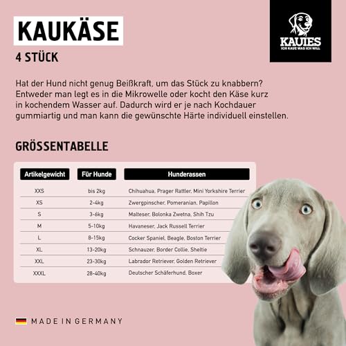 Kauies Kaukäse - 100% natürliche Käsestange für Hunde aus frischer Kuhmilch, proteinreich, laktosefrei, glutenfrei, Zahnpflege, Handmade in Germany - Größe XS (4 x 25g) für Hunde bis 4kg