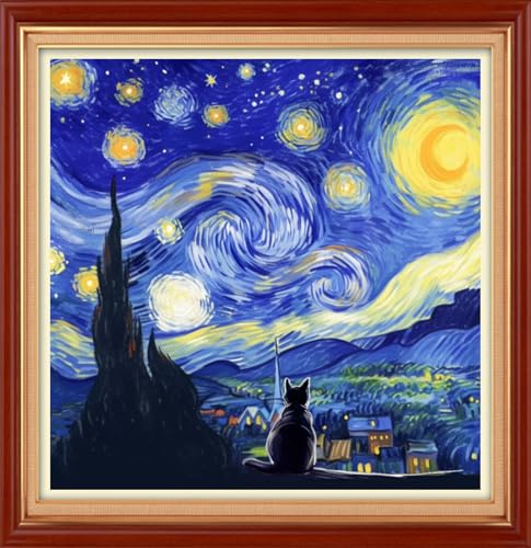 Image of Foxhool Stamped Cross Stitch Kits,11CT Printed Cross Stitch Pattern Full Embroidery Kits for Beginner Needlepoint Kits&Cat admires Van Gogh's Starry Sky 18x18 inch