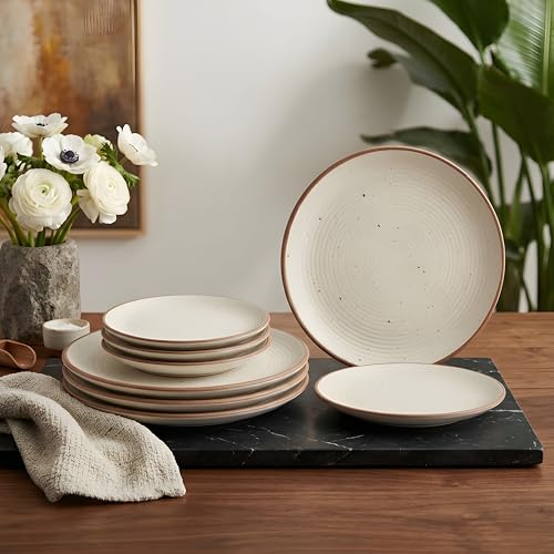 Image of miah decor Ceramic Dinner Set - 8-Piece Handmade Stoneware Dining Set | 4 Quarter Plates & 4 Dinner Plates | Off White Ribbed Matte Finish | Microwave & Dishwasher Safe | Ideal for Gifting
