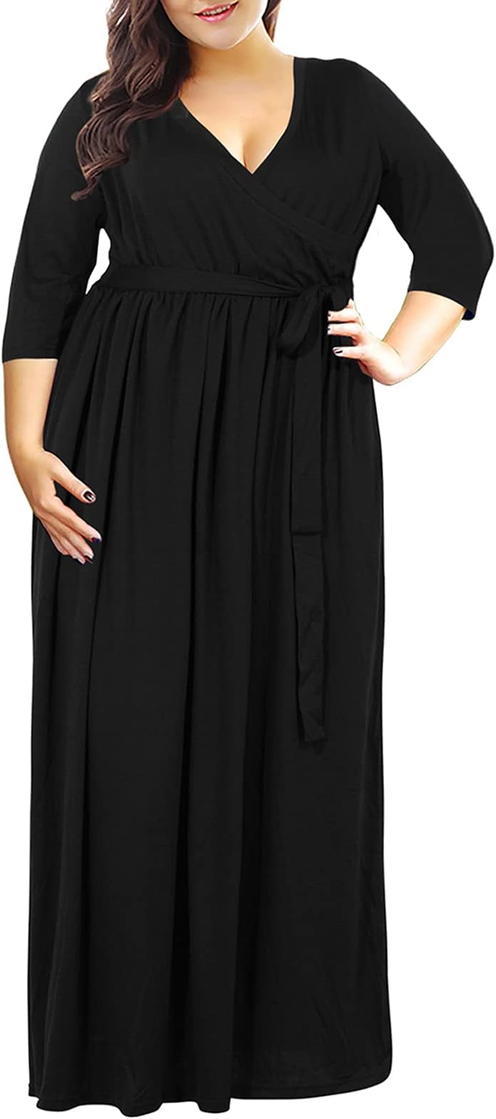 NemidorWomens Casual V-Neck 3/4 Sleeve Plus Size Long Maxi Dress with Pockets NEM170