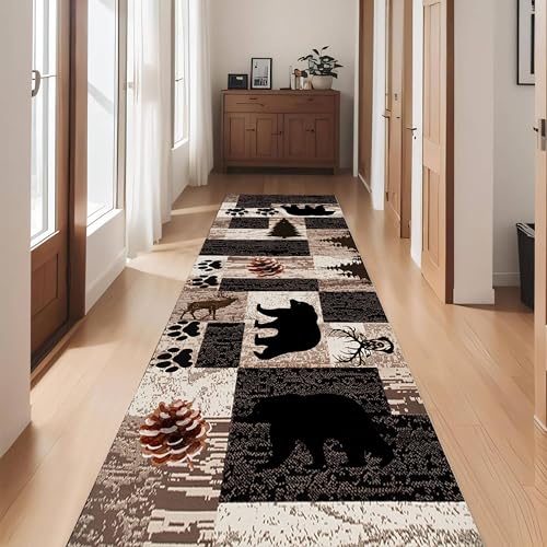 Puyosvr Rustic Lodge Runner Rug,2.6x10ft,Western Country Bear Elk Deer Wildlife Log Design,Forest Landscape Hunting Theme Rug,With Non Slip Backing Washable Rugs, Non Slip Pet Friendly Rug for Hallway