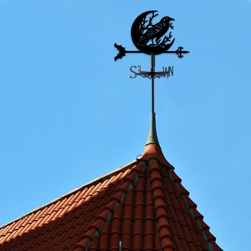 INFUNLY Retro Moon Crow Weather Vane Bird Wind Vane for The Garden Fence Moon Iron Weathervane Bat Weathercock Black Hollow Wind Direction Indicator for Roof Patio Farmhouse Yard Decor 14.1x10.6Inch