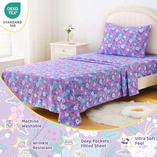 Image of Viviland 3 Pieces Girls Floral Twin Sheet Set - Soft Microfiber Fitted Flat Sheets & Pillowcase Bed Sheet Set - Purple Flowers Bedding Sets for Kids