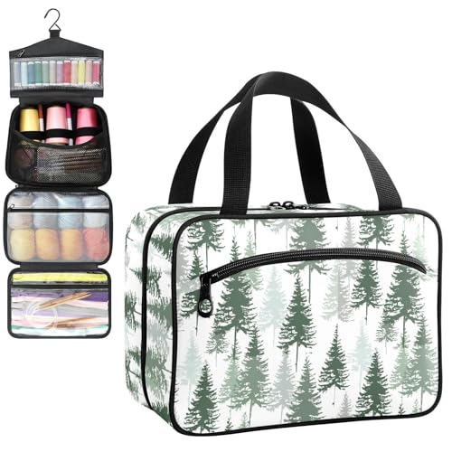 YNNALE Sewing Supply Organizer Bag, Green Pine Forest Pine Trees Portable Sewing Bags with Pockets&Hanger, Sewing Storage Box Case for Sew Supplies/Kit/Tools/Accessories (BAG ONLY)