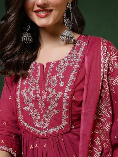 Image of PARTHVI Women's 100% Pure Cotton Anarkali Kurta Set with Pant & Dupatta | Embroidered Flared Kurta | Elegant Ethnic Suit